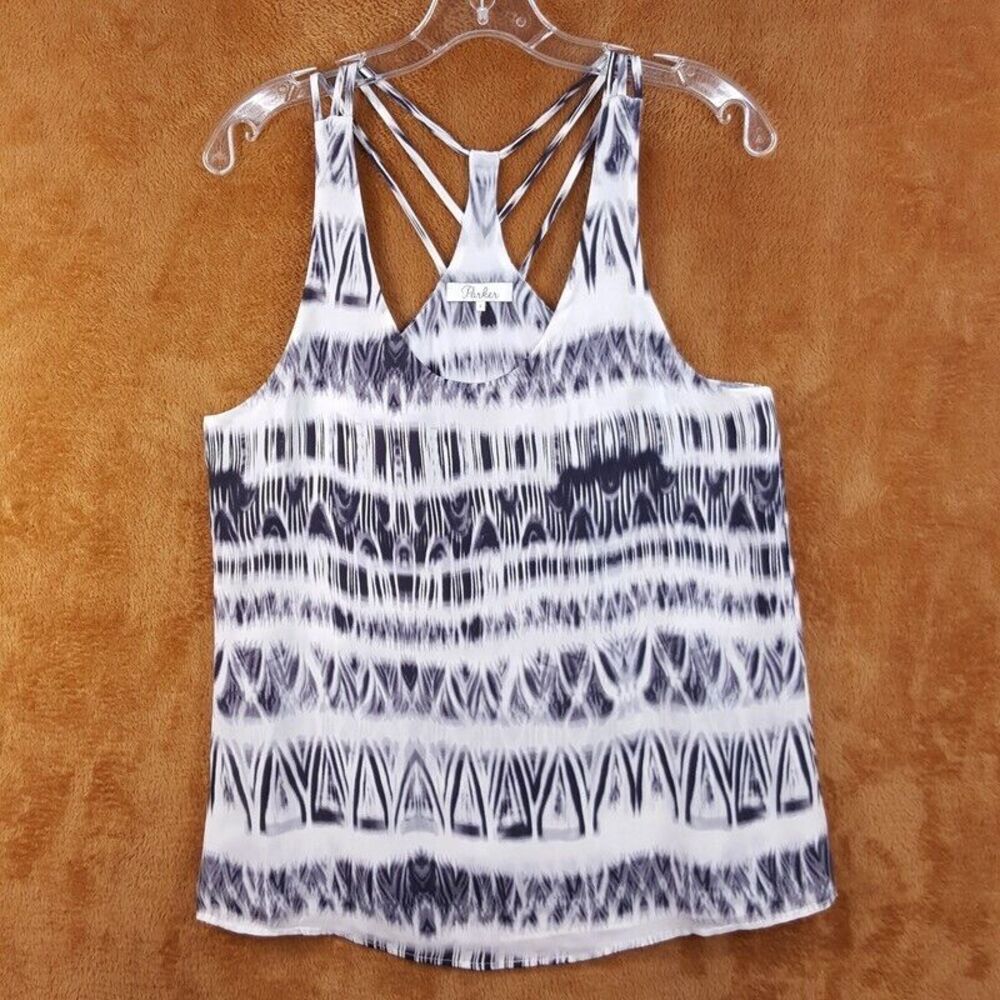 PARKER Womens Top Small Gray Pullover Tank Strappy Tie Dye Ikat 100% Silk